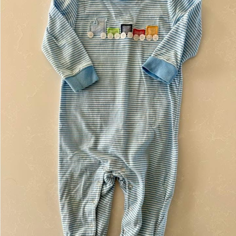 Blue Striped Kids One Piece with Train Design